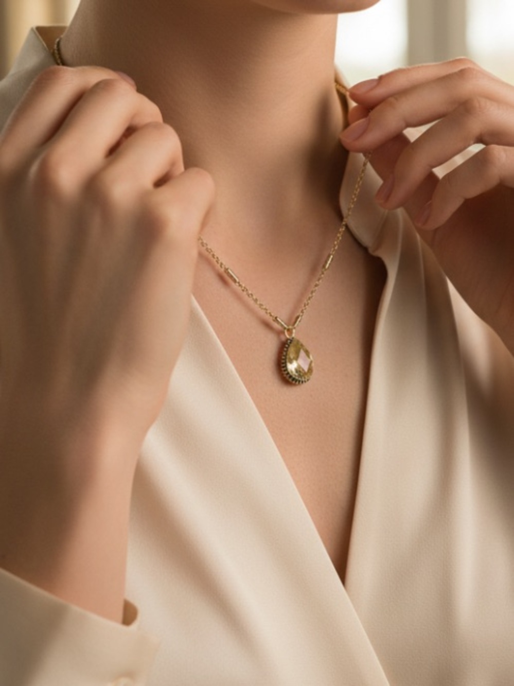 Dainty Gold-Tone Tear-Drop Peridot Crystal  Pendant Necklace with Station Chain